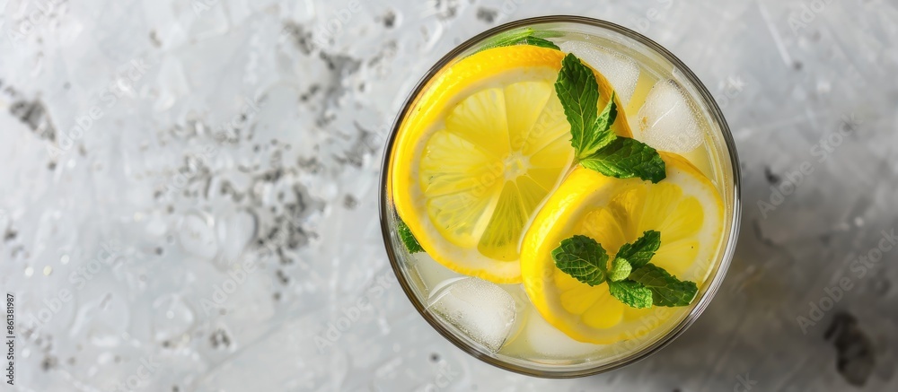 Poster top view of a homemade drink with a lemon and mint, displayed against a copy space image.