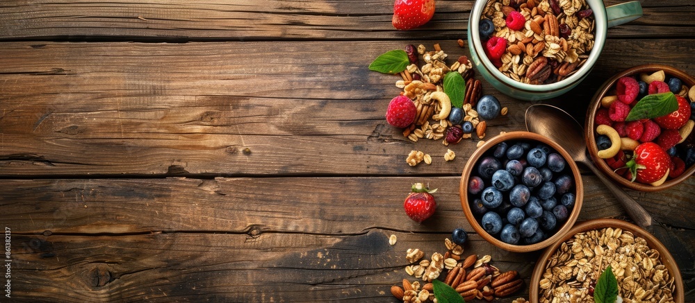Poster Granola with nuts and fruits displayed on wooden table from above, with ample copy space image.