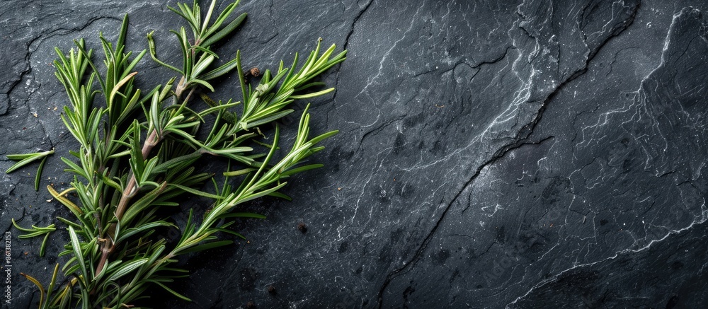 Poster Top view of rosemary herbs on a dark stone background with ample copy space image.