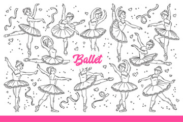 Woman ballet dancer or ballerina performs graceful dance for theater audience, dressed in dress and tutu. Girl ballet artist trains flexibility to perform at choreographic concerts. Hand drawn doodle