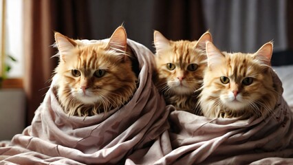 group of a three orange tabby cats together under a blanket, charming and cozy scene, animal welfare and responsible pet ownership