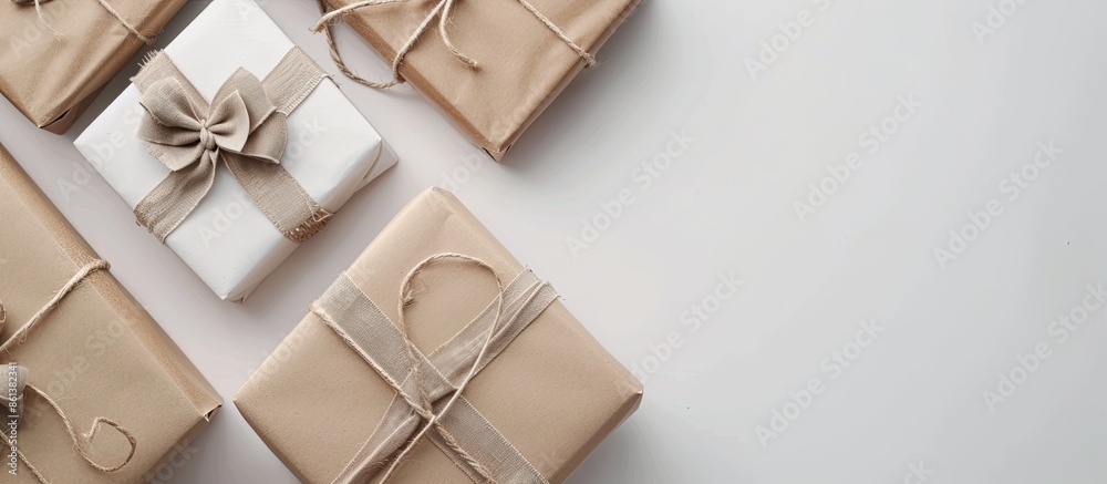 Poster on a white table, there's a present surrounded by boxes, with ample copy space image available.