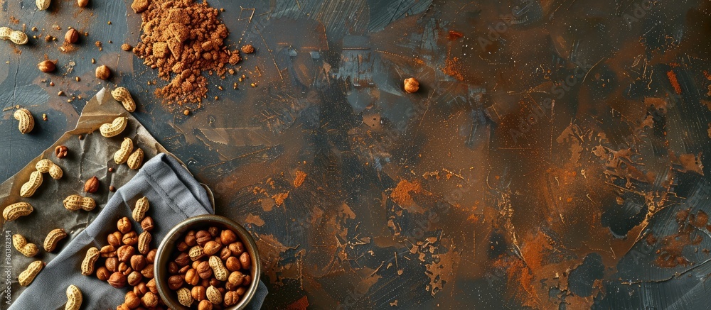 Poster Image with spiced peanuts for roasting on baking paper with copy space image.