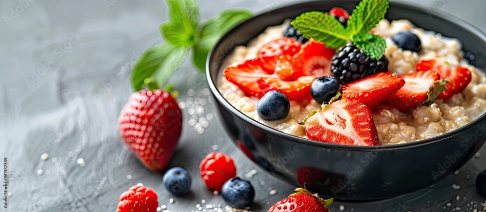 Poster healthy breakfast concept featuring oatmeal porridge with fresh berries and strawberries with a sele