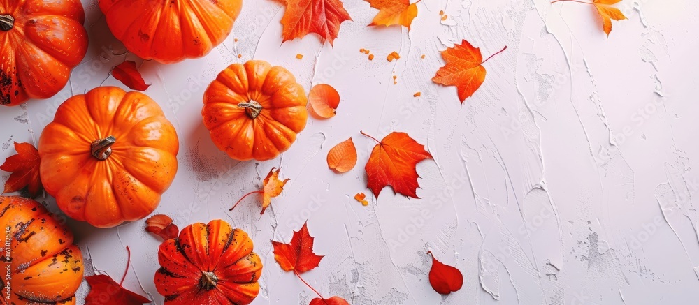Aufkleber top view of autumn-themed decorative pumpkins and fall leaves on a white table, creating a festive b