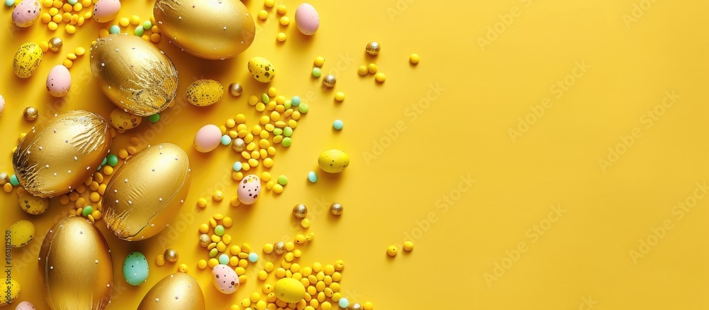 Poster golden eggs and candy on a yellow background for an easter theme with a top view flat lay, offering 