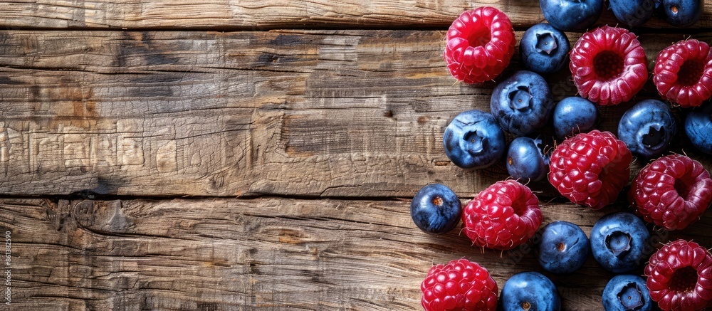 Poster top-down view of raspberries and blueberries on a rustic wooden backdrop, perfect for text placement