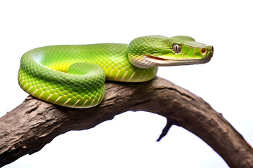 Obraz premium A vivid green tree python coiled around branch, displaying its vibrant scales and striking posture. The snake's intricate details against plain background, natural beauty and elegance