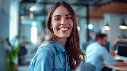 Young woman smiling in a modern office setting, with colleagues working in the background.