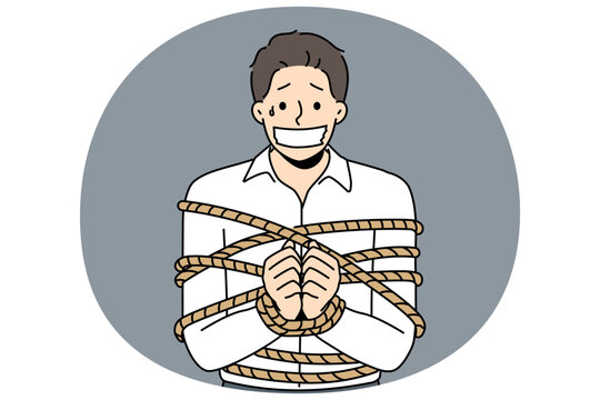 Businessman tied in ropes with sealed mouth. Scared male employee as hostage or victim of kidnapping. Vector illustration.