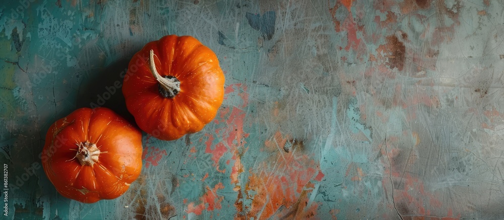 Poster an overhead perspective showcasing two petite pumpkins displayed on a kitchen table, representing nu