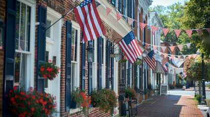 A charming street lined with historic brick buildings decorated with American flags. The street is bathed in sunshine.