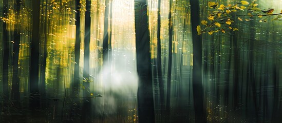 Obraz premium Forest trees and leaves with sunlight create a dreamy blur. Captured in a forest, forming a captivating abstract nature backdrop, perfect for copy space image.