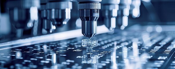 Automated DNA sequencing process, hightech lab equipment, closeup, precise genetic analysis, digital binary as object, black and white, copy space for text,