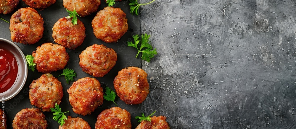 Poster Top view of fried meat cutlets arranged on a gray concrete surface with copy space for an image.