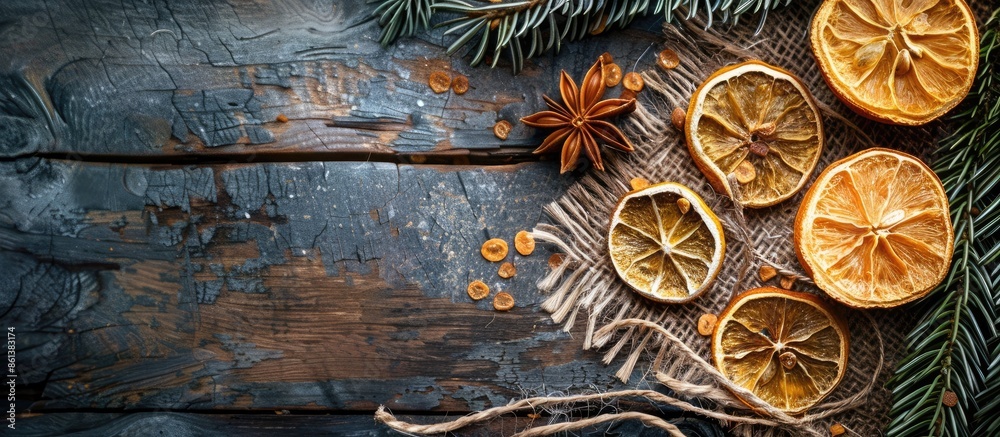 Aufkleber A healthy meal featuring a dried lemon slice as part of a food snack, arranged on a rustic table with a food background and copy space image in a top view.