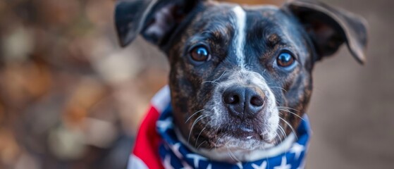 A close-up portrait of a black and white dog wearing a red, white, and blue bandana.