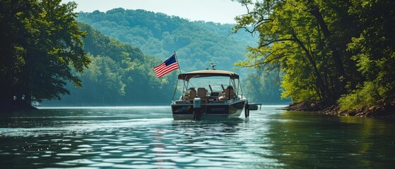 A boat with people on board navigates a serene lake surrounded by lush greenery.