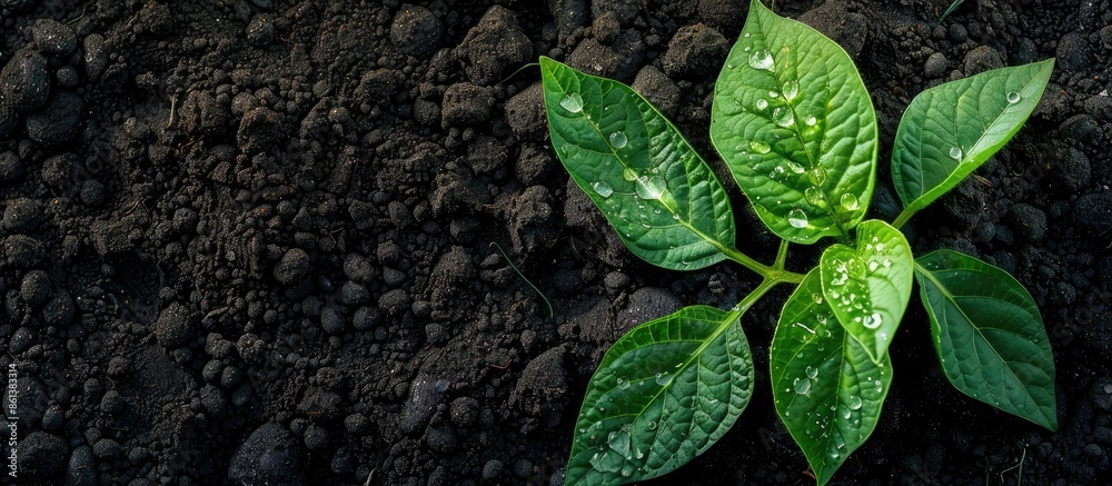 Aufkleber lush green haricot bean plant with dew on black soil in spring. ideal for home-grown veggies. top vi