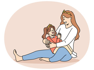 Smiling mother and little girl in princess crowns playing at home together. Happy mom have fun enjoy playtime with daughter. Motherhood. Vector illustration.