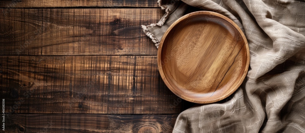 Poster brown wooden desk with a wooden plate and linen napkin, providing a rustic aesthetic and a lovely se