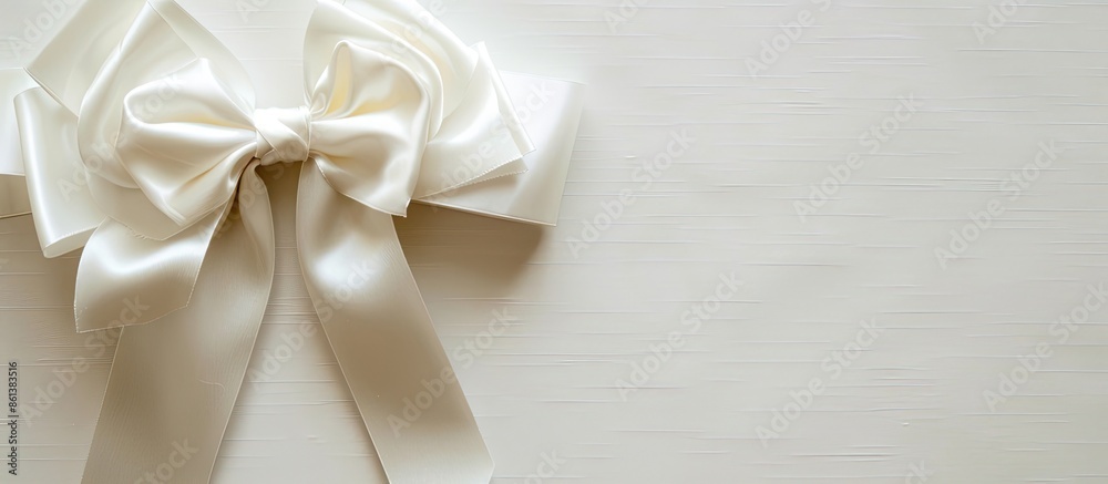 Poster White ribbon with matching bow for Christmas presents displayed on a white background with available copy space image.
