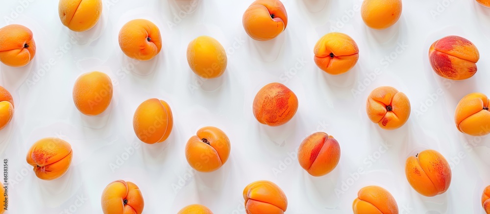 Aufkleber Top view of apricot fruits on white backdrop with available copy space image for text, arranged in a flat lay pattern.