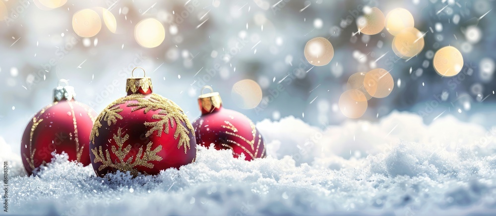 Poster festive christmas background featuring baubles on snow with available copy space image for text.