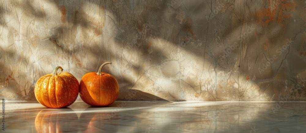Poster an overhead perspective showcasing two petite pumpkins displayed on a kitchen table, representing nu