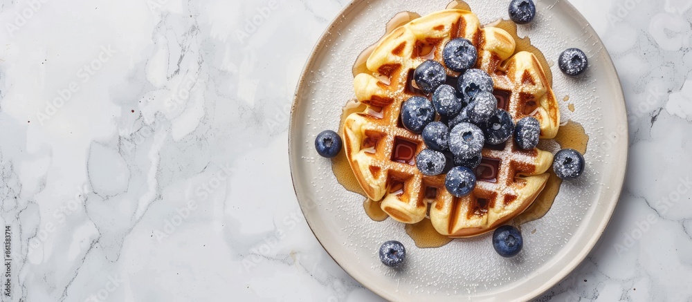Aufkleber tasty belgian waffle topped with blueberries, maple syrup, and powdered sugar on a marble background