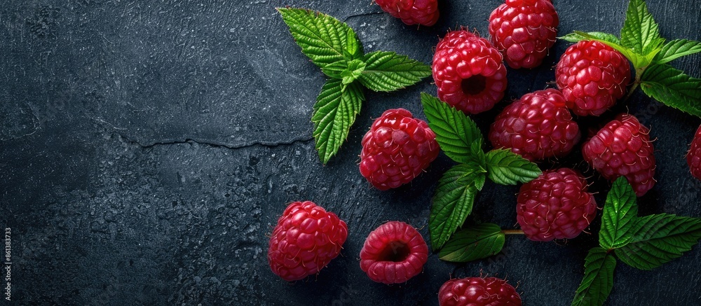 Poster concept of healthy eating and nutrition depicted in this image of vibrant red raspberries with green