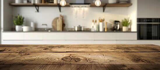 Close-up of a minimalistic warm-toned kitchen interior with a wooden table in the foreground, perfect for adding text or other images. copy space available