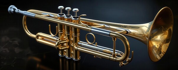 A 3D render of a polished brass trumpet, intricate details highlighted, bold contrast with a deep black background, Modern, 3D Render