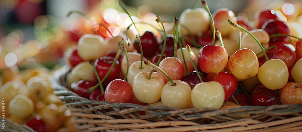 Poster Close-up of white and red cherries arranged in a wicker basket, displayed at the cherry festival with a selective focus on the fruit; ideal for a copy space image.
