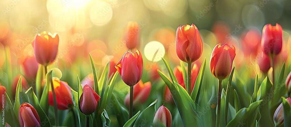 Aufkleber blooming tulip buds in a spring meadow create a vibrant floral backdrop with plenty of copy space im