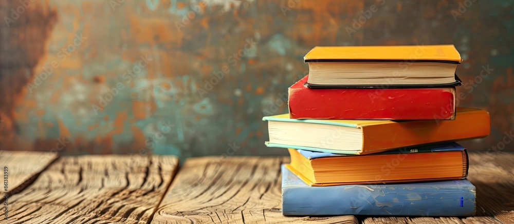 Aufkleber Colorful books neatly stacked on a wooden table, creating an educational backdrop with a back-to-school theme, providing room for text next to them in the image. copy space available