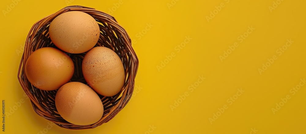 Poster Fresh brown eggs in a basket, perfect for Easter, set against a yellow background with ample copy space image for a front-facing photograph.