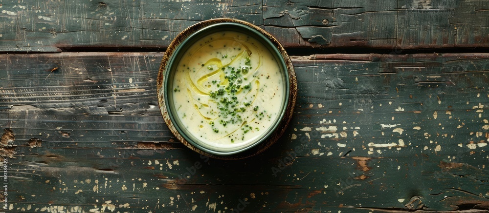 Poster From above, a creamy broccoli soup in a green bowl sits on a rustic table, with a backdrop suitable for added elements in the frame, such as a copy space image.