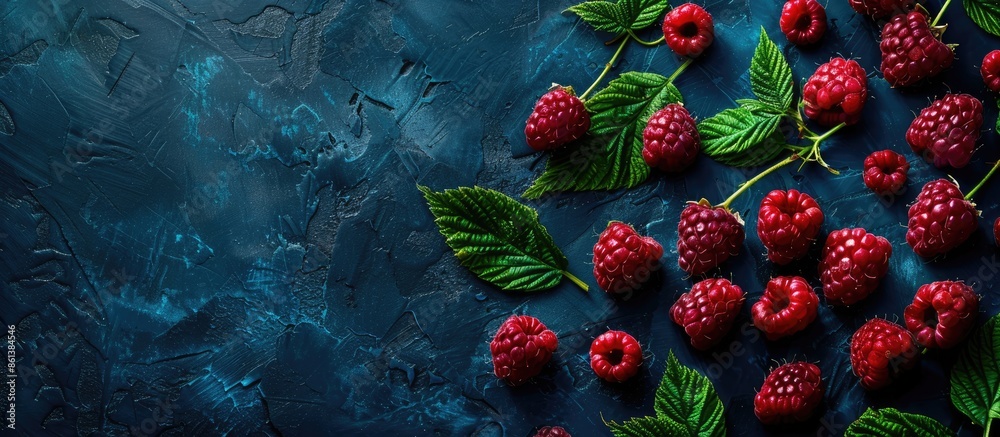 Poster concept of healthy eating and nutrition depicted in this image of vibrant red raspberries with green