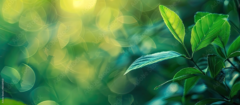 Aufkleber Green leaf closeup on a blurred foliage background in a garden with copy space image for text, ideal for summer-themed designs focusing on natural greenery and fresh aesthetics.