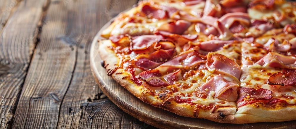 Aufkleber Delicious pizza topped with ham and bacon on a rustic wooden table with a copy space image.