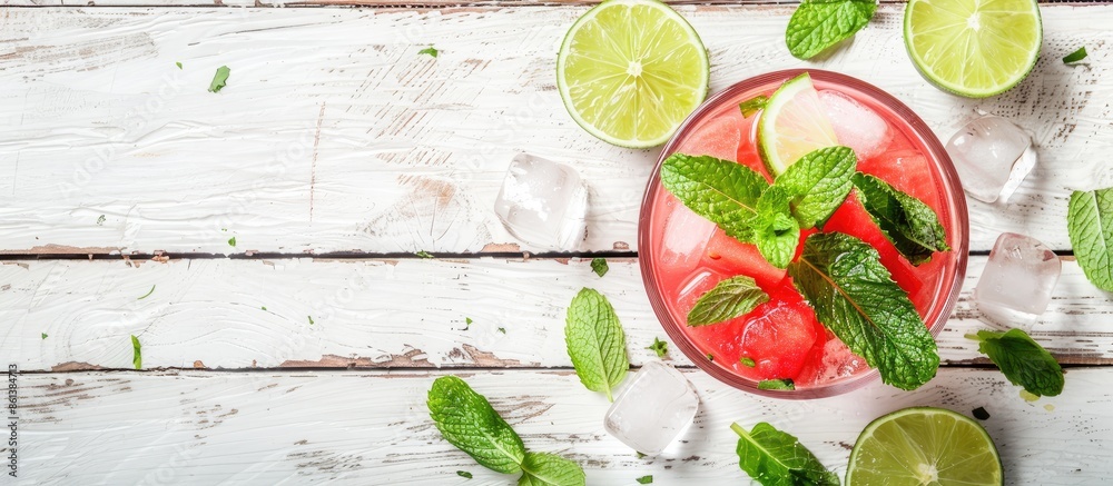 Poster refreshing summer beverage made with watermelon, mint, and lime on a rustic white wood surface, offe