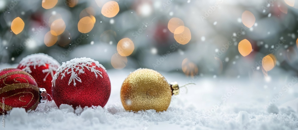 Poster a snowy christmas-themed setting with selective focus showcasing christmas balls on a white backgrou