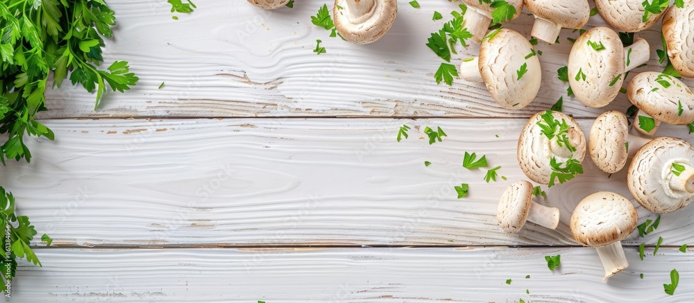 Poster flat lay composition with a variety of mushrooms, parsley, on a white wooden surface. the setup prov