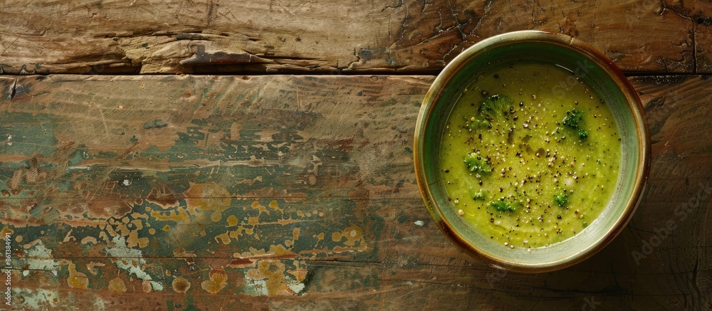 Poster From above, a creamy broccoli soup in a green bowl sits on a rustic table, with a backdrop suitable for added elements in the frame, such as a copy space image.
