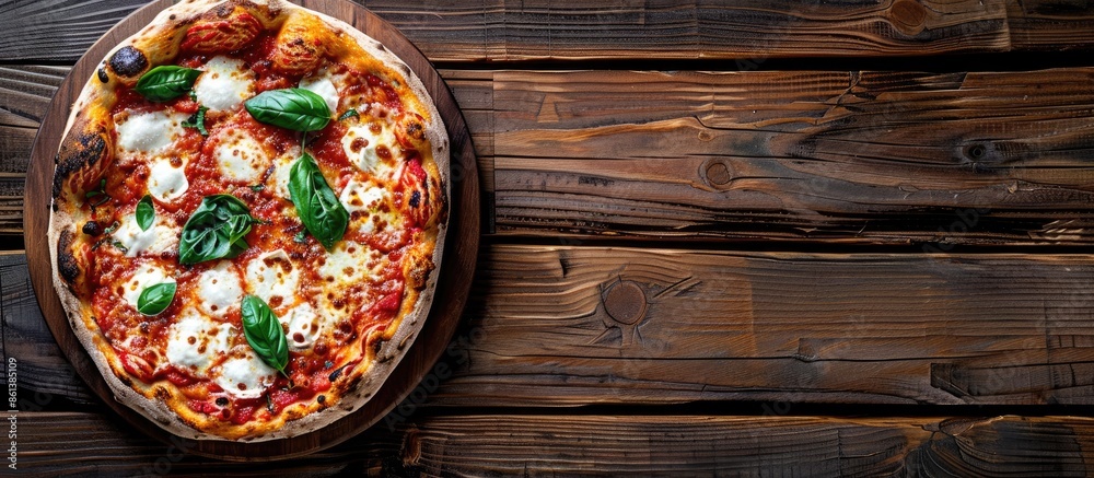 Aufkleber Top-down view image of Pizza Margherita on a wooden background with copy space included, ideal for positioning text or graphics.