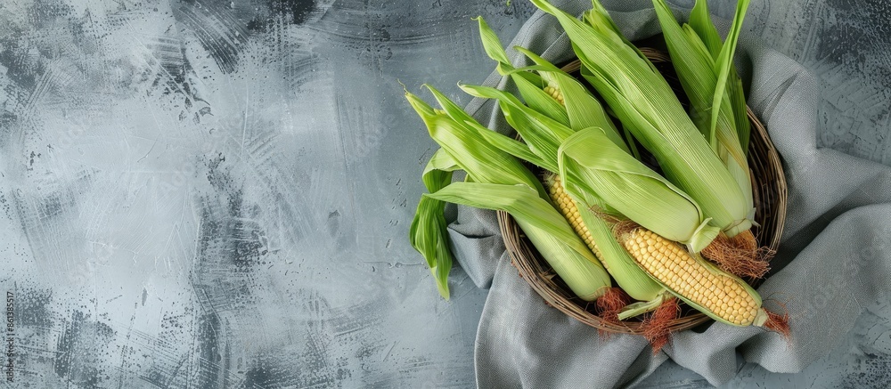 Poster basket sieve plate with fresh baby corn in husk and red silk on a gray table with copy space image.