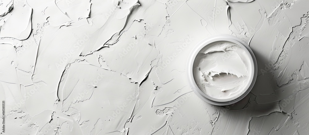 Poster utilized as a backdrop for showcasing cosmetic items in online sales with a white and gray textured 