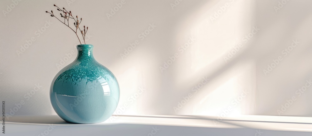 Poster a close-up of a stylish interior mockup featuring a turquoise pomegranate-shaped vase on a white bac