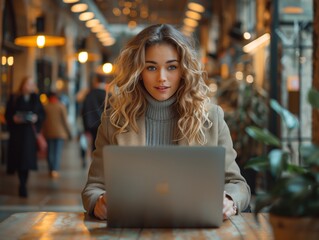 Woman Working on Laptop in a Modern Cafe
